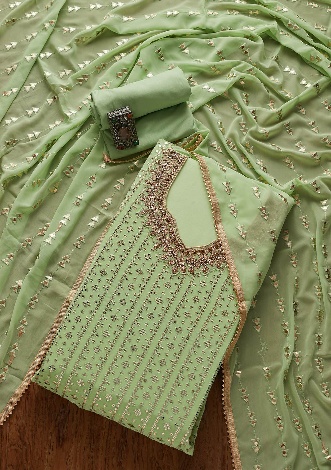 Pista Green Sequins Georgette Designer Unstitched Salwar Suit - koskii
