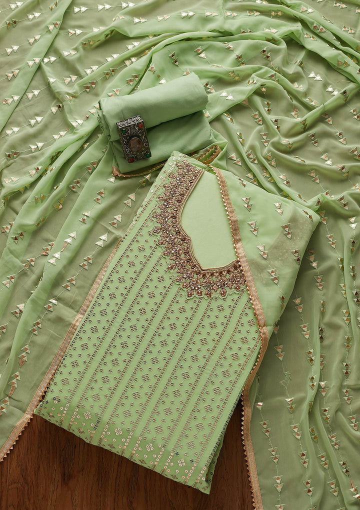 Pista Green Sequins Georgette Designer Unstitched Salwar Suit - koskii