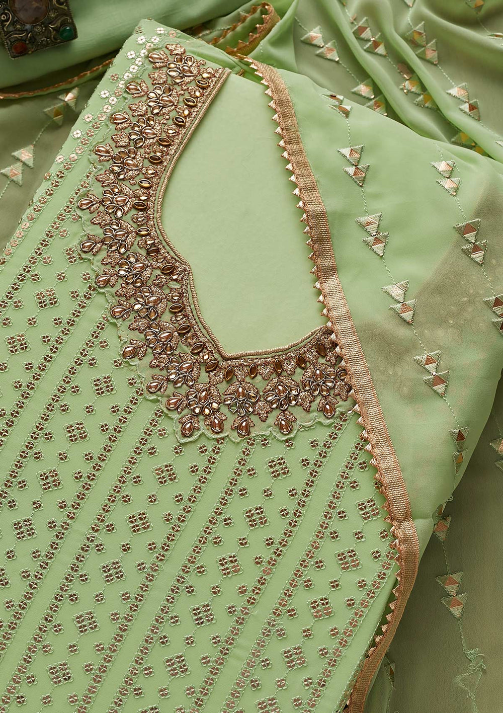 Pista Green Sequins Georgette Designer Unstitched Salwar Suit - koskii