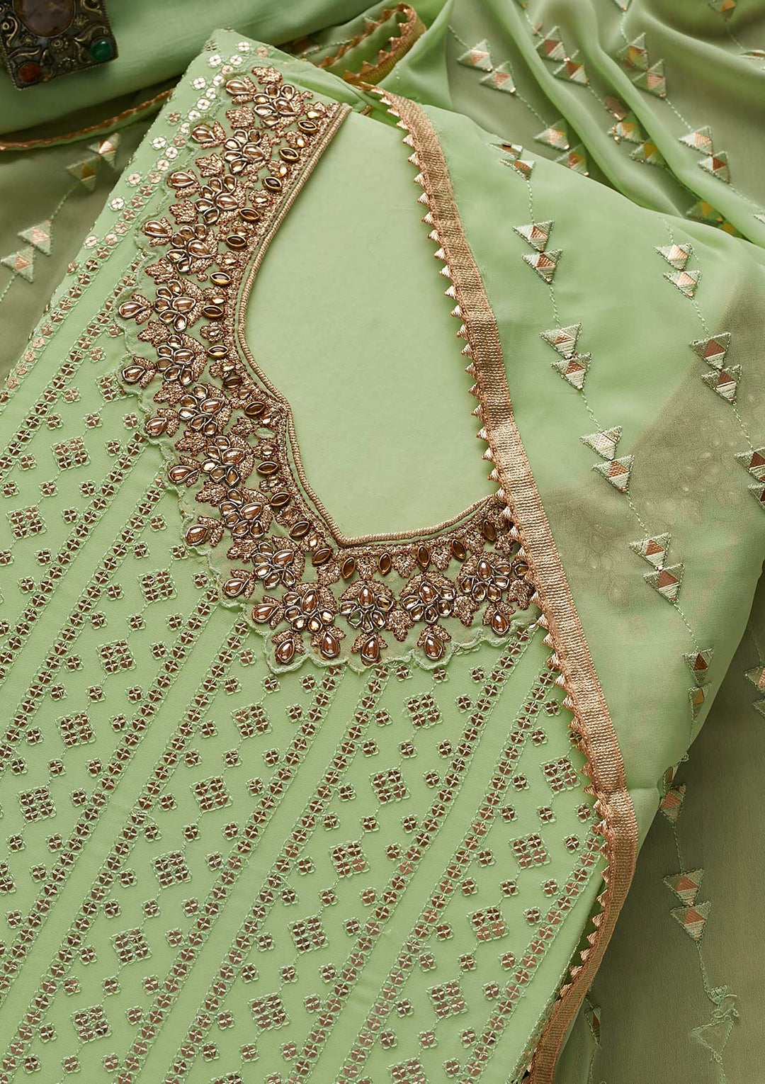 Pista Green Sequins Georgette Designer Unstitched Salwar Suit - koskii
