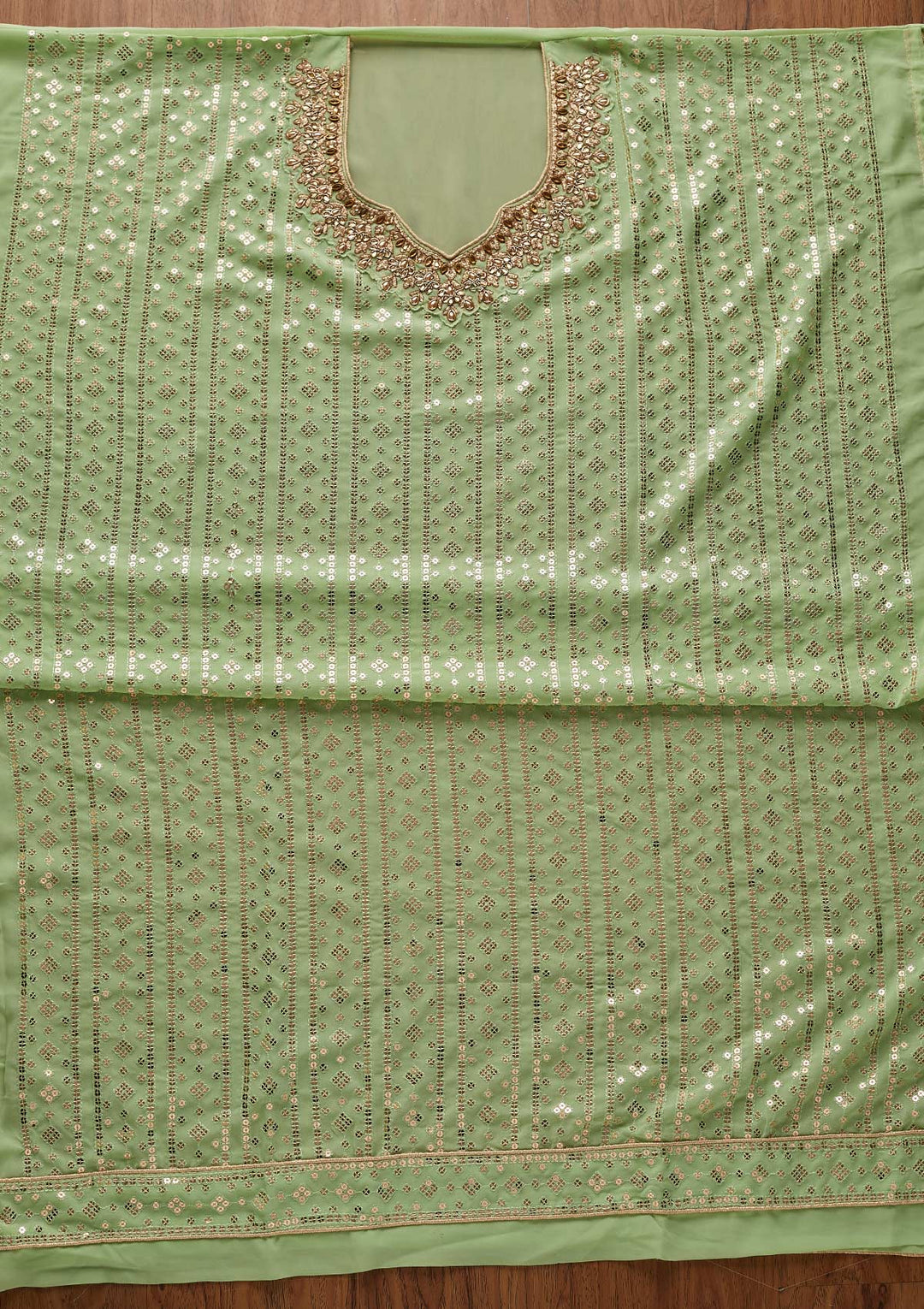 Pista Green Sequins Georgette Designer Unstitched Salwar Suit - koskii