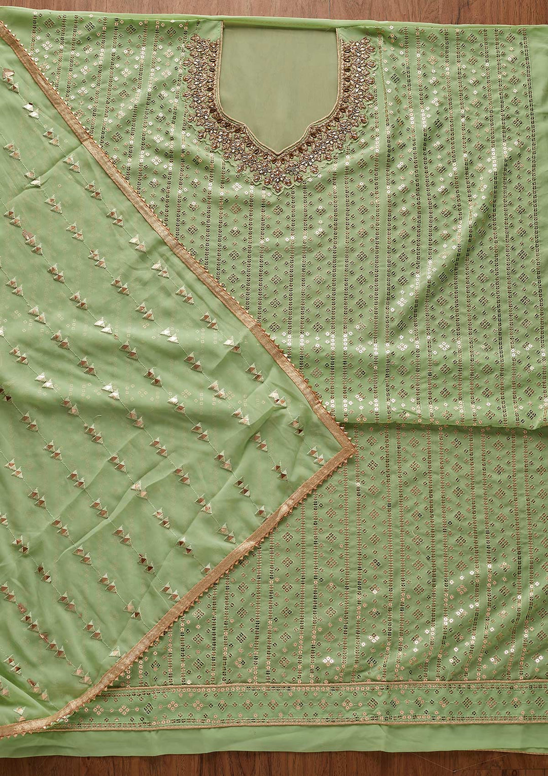Pista Green Sequins Georgette Designer Unstitched Salwar Suit - koskii