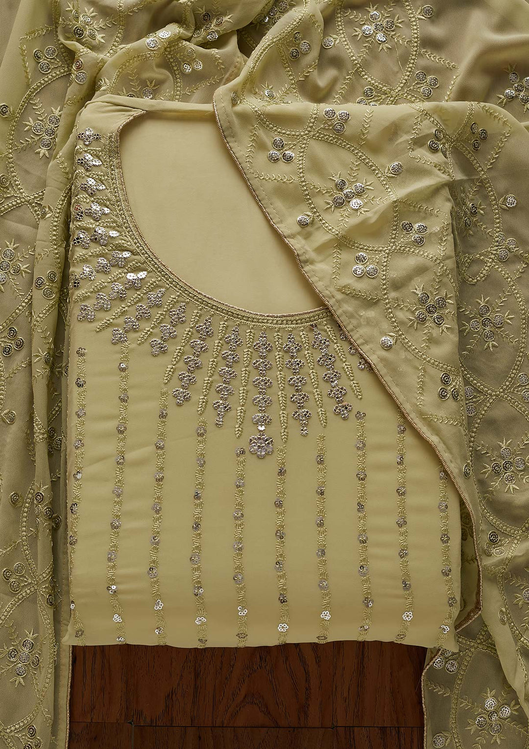 Pista Green Sequins Georgette Designer Unstitched Salwar Suit - Koskii