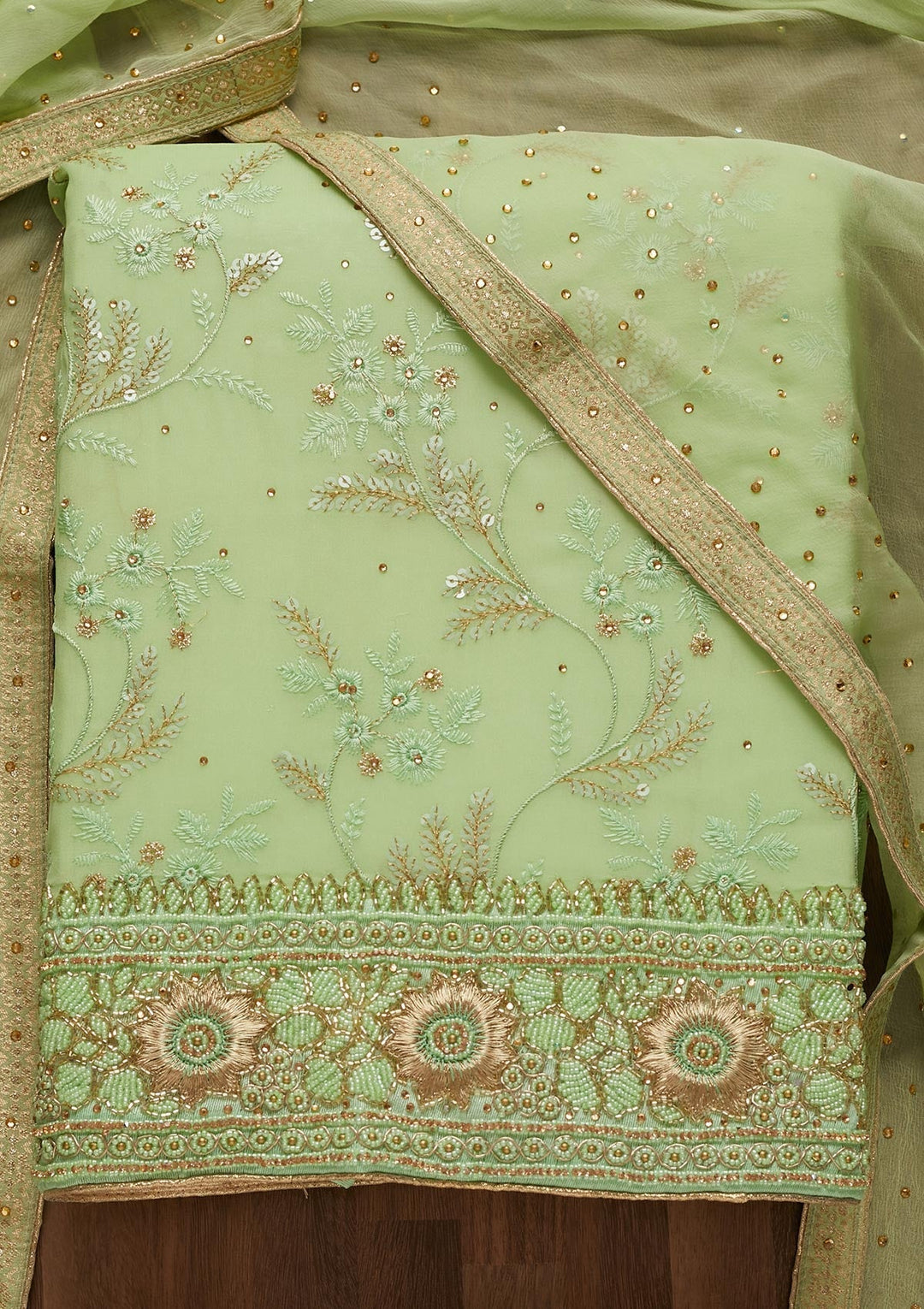 Pista Green Sequins Georgette Unstitched Salwar Suit - Koskii