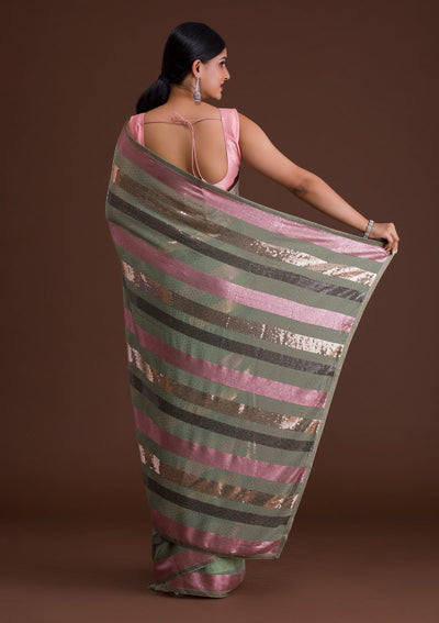 Pista Green Sequins Georgette Saree-Koskii