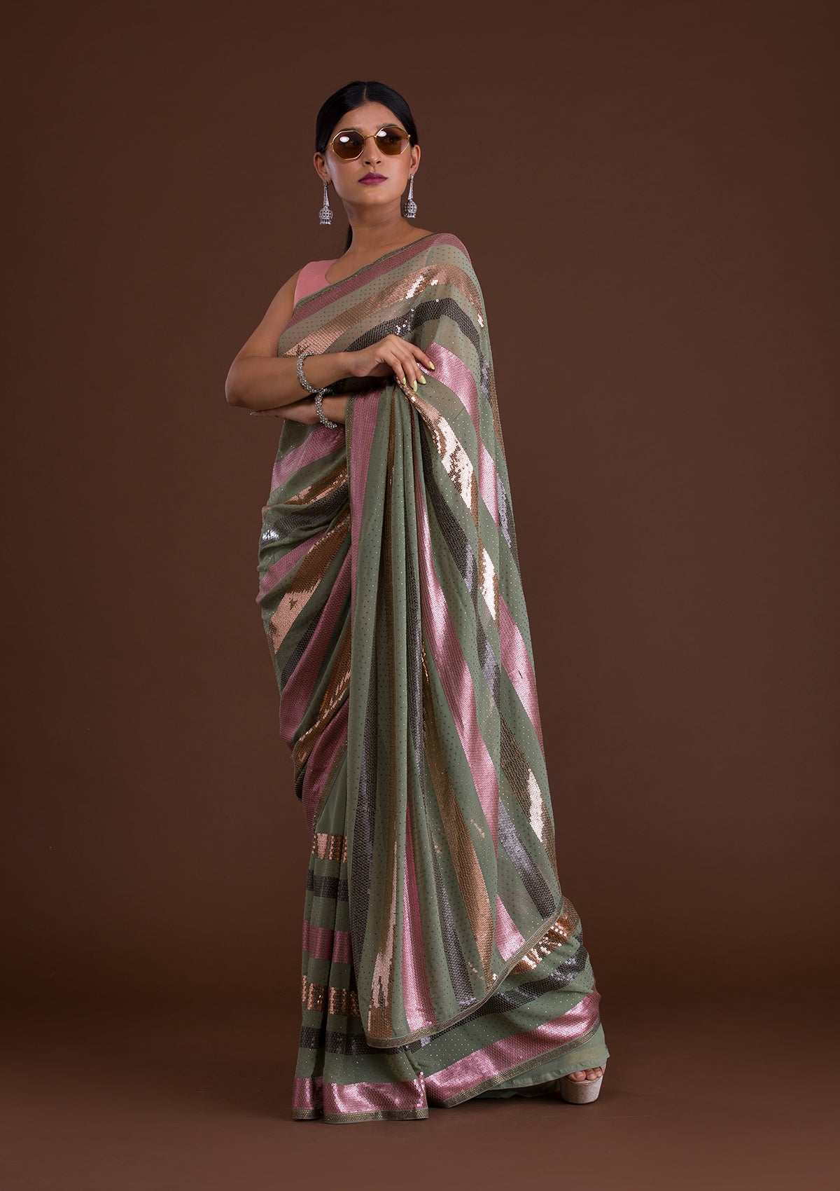 Pista Green Sequins Georgette Saree-Koskii