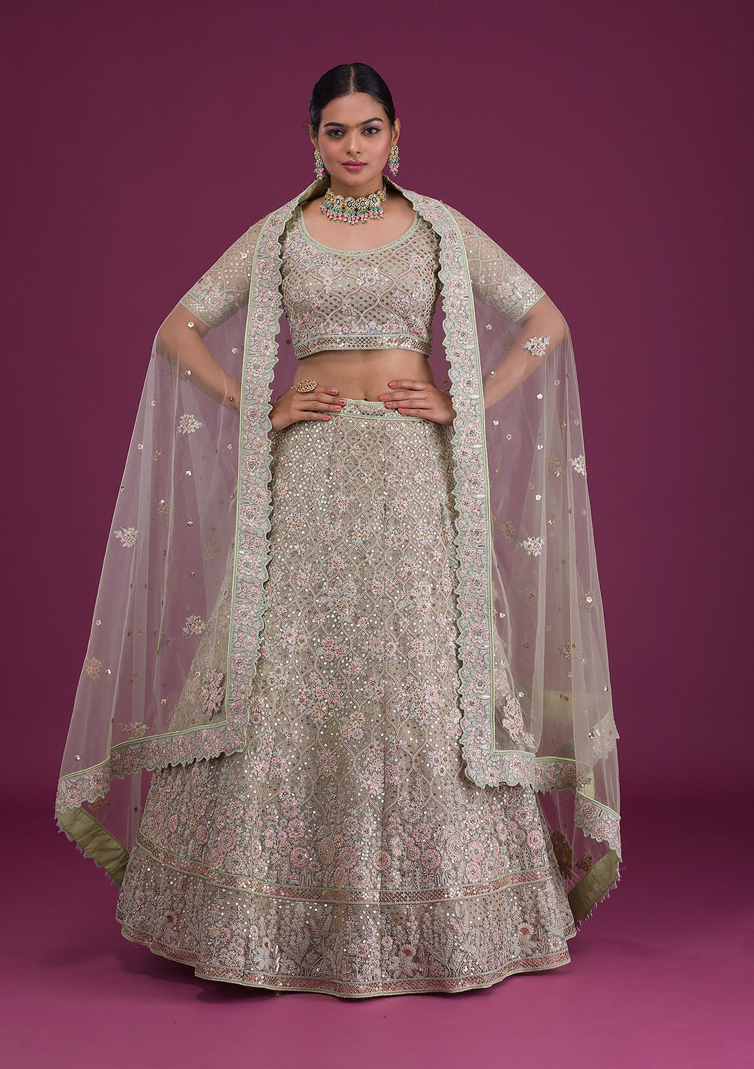 Pista Green Sequins Net Semi Stitched Lehenga-Koskii