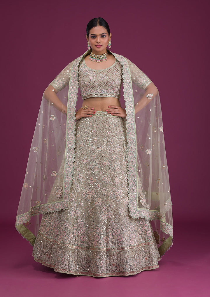 Pista Green Sequins Net Semi Stitched Lehenga-Koskii