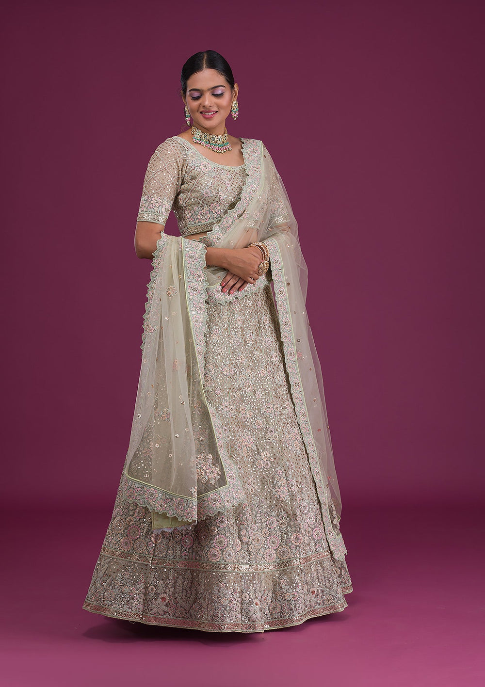 Pista Green Sequins Net Semi Stitched Lehenga-Koskii