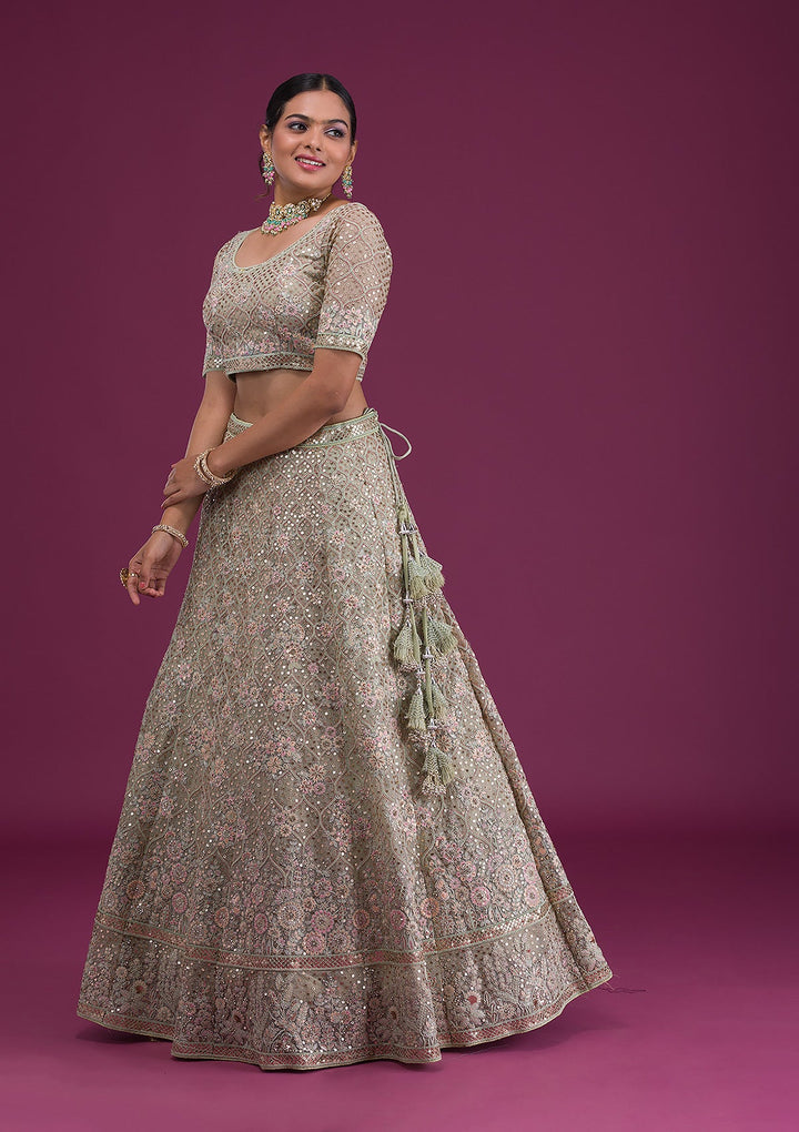 Pista Green Sequins Net Semi Stitched Lehenga-Koskii