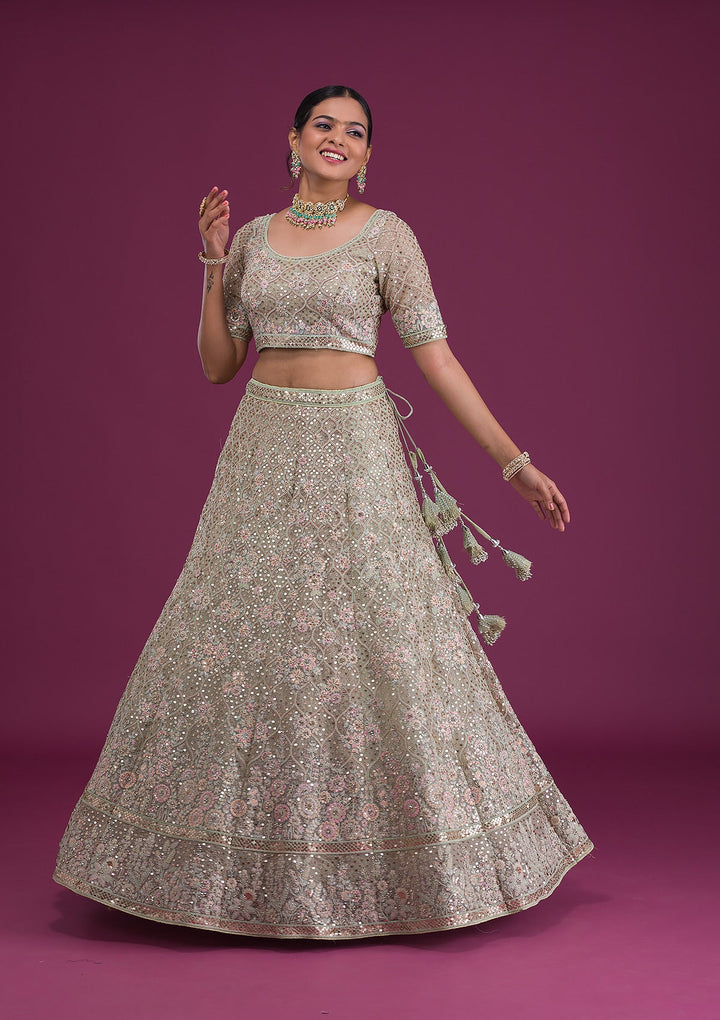Pista Green Sequins Net Semi Stitched Lehenga-Koskii