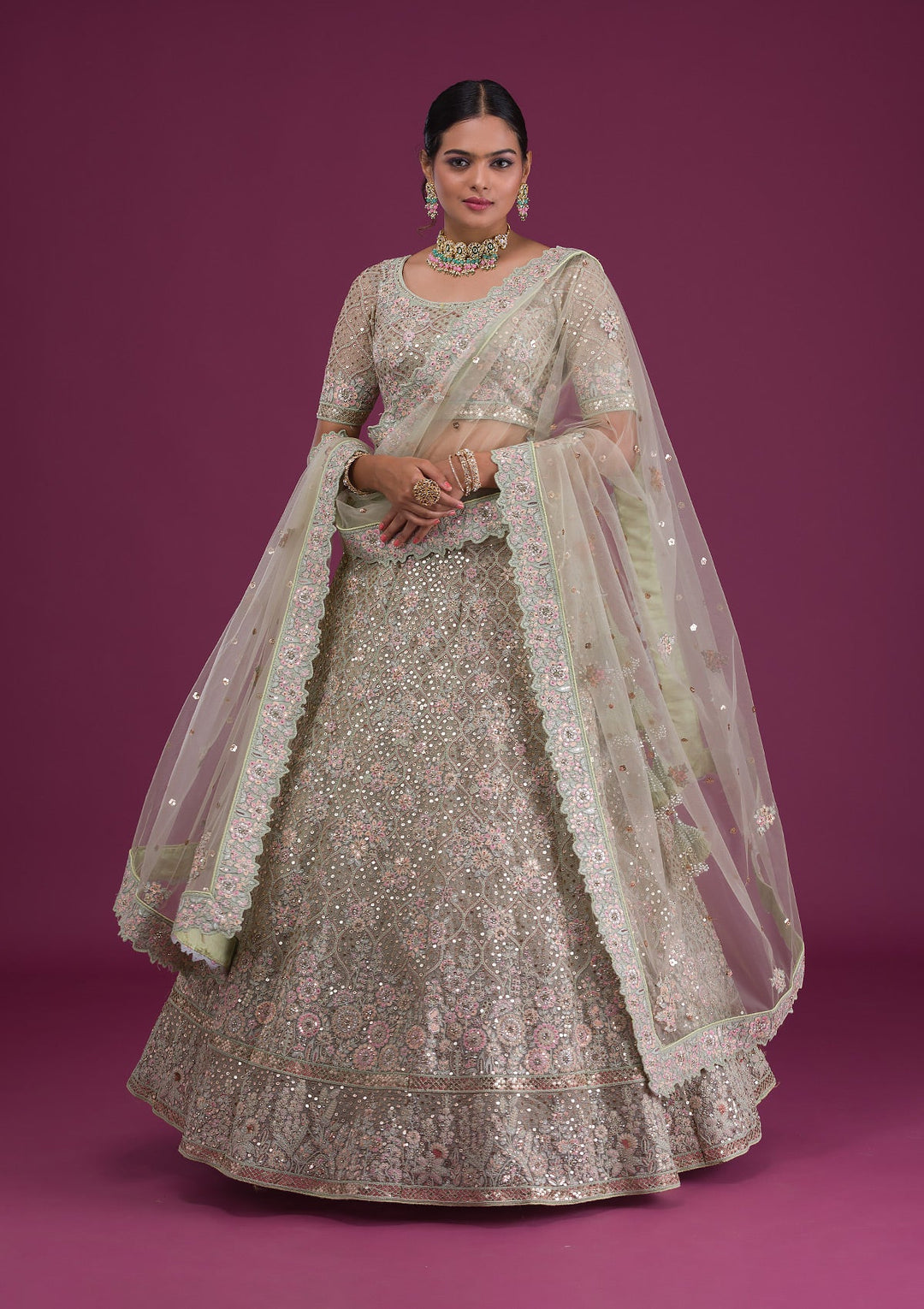 Pista Green Sequins Net Semi Stitched Lehenga-Koskii