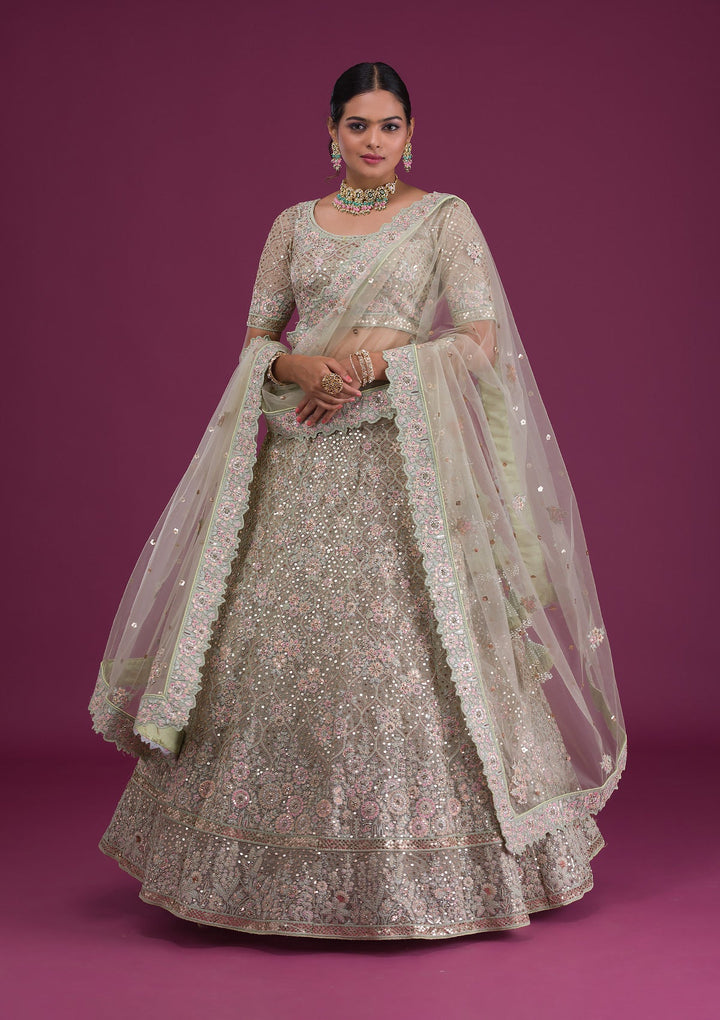 Pista Green Sequins Net Semi Stitched Lehenga-Koskii