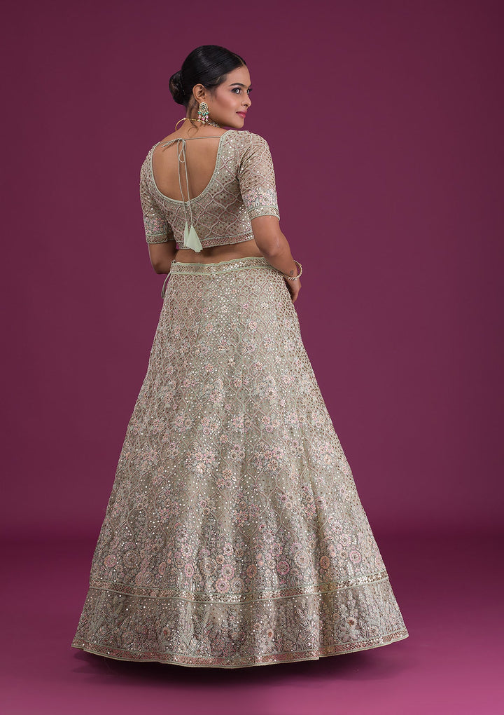 Pista Green Sequins Net Semi Stitched Lehenga-Koskii