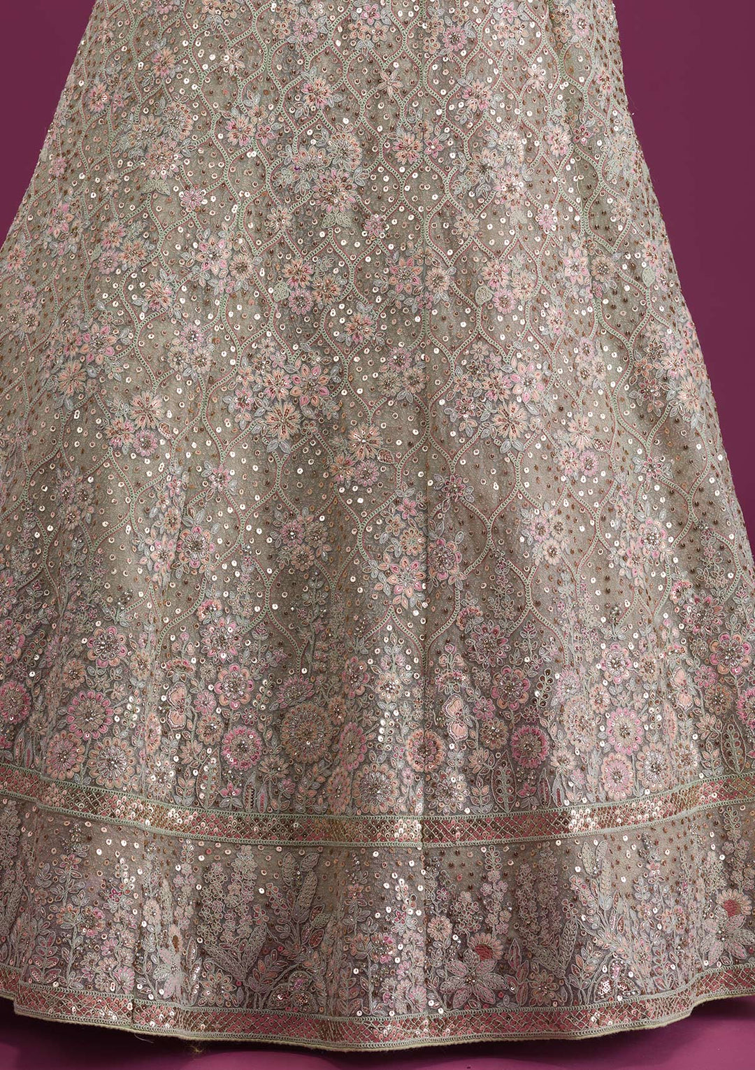 Pista Green Sequins Net Semi Stitched Lehenga-Koskii