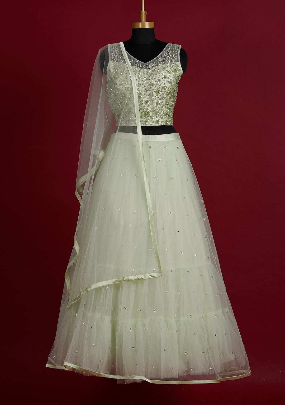 Pista Green Sequins Net Designer Lehenga - Koskii