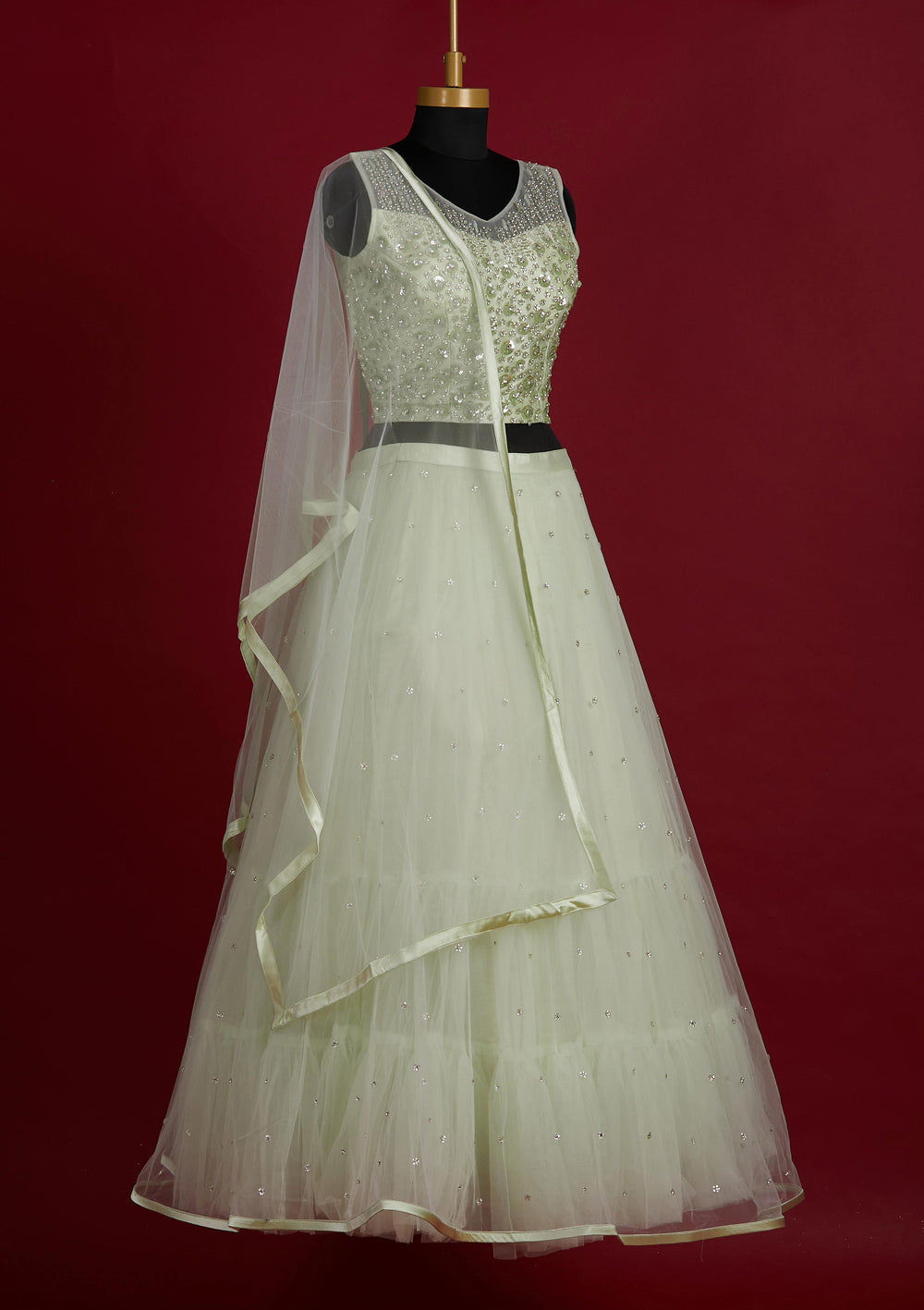 Pista Green Sequins Net Designer Lehenga - Koskii