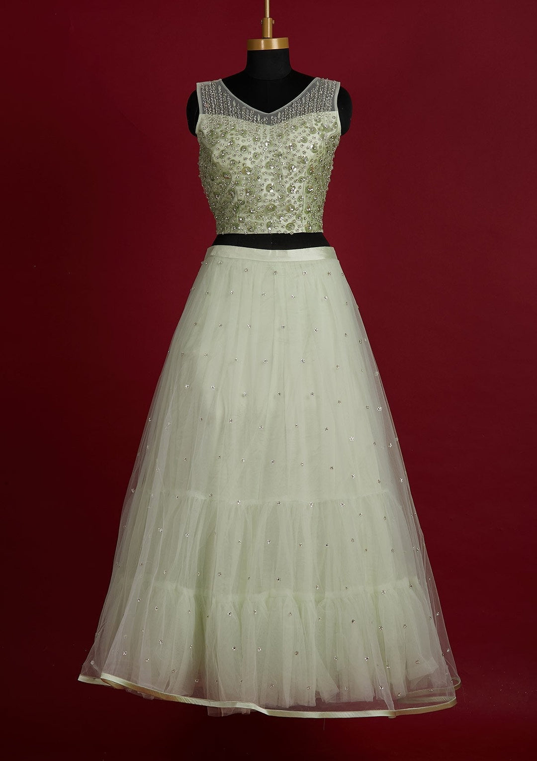 Pista Green Sequins Net Designer Lehenga - Koskii
