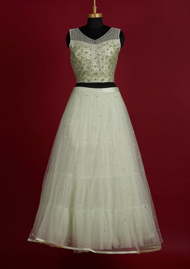 Pista Green Sequins Net Designer Lehenga - Koskii