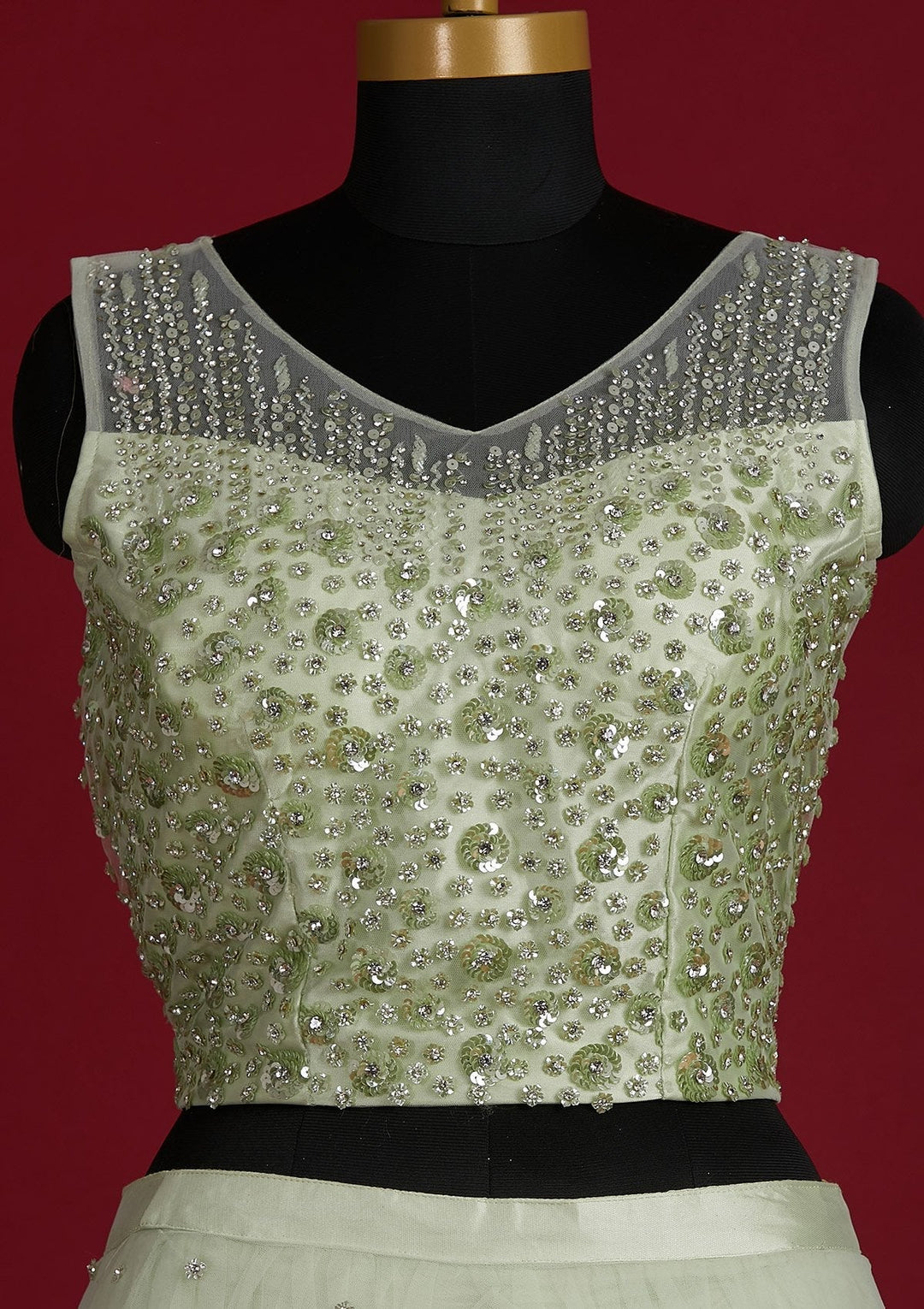 Pista Green Sequins Net Designer Lehenga - Koskii