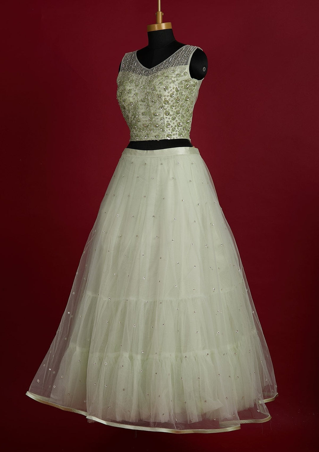 Pista Green Sequins Net Designer Lehenga - Koskii
