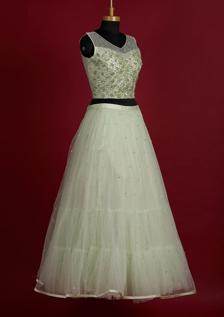 Pista Green Sequins Net Designer Lehenga - Koskii