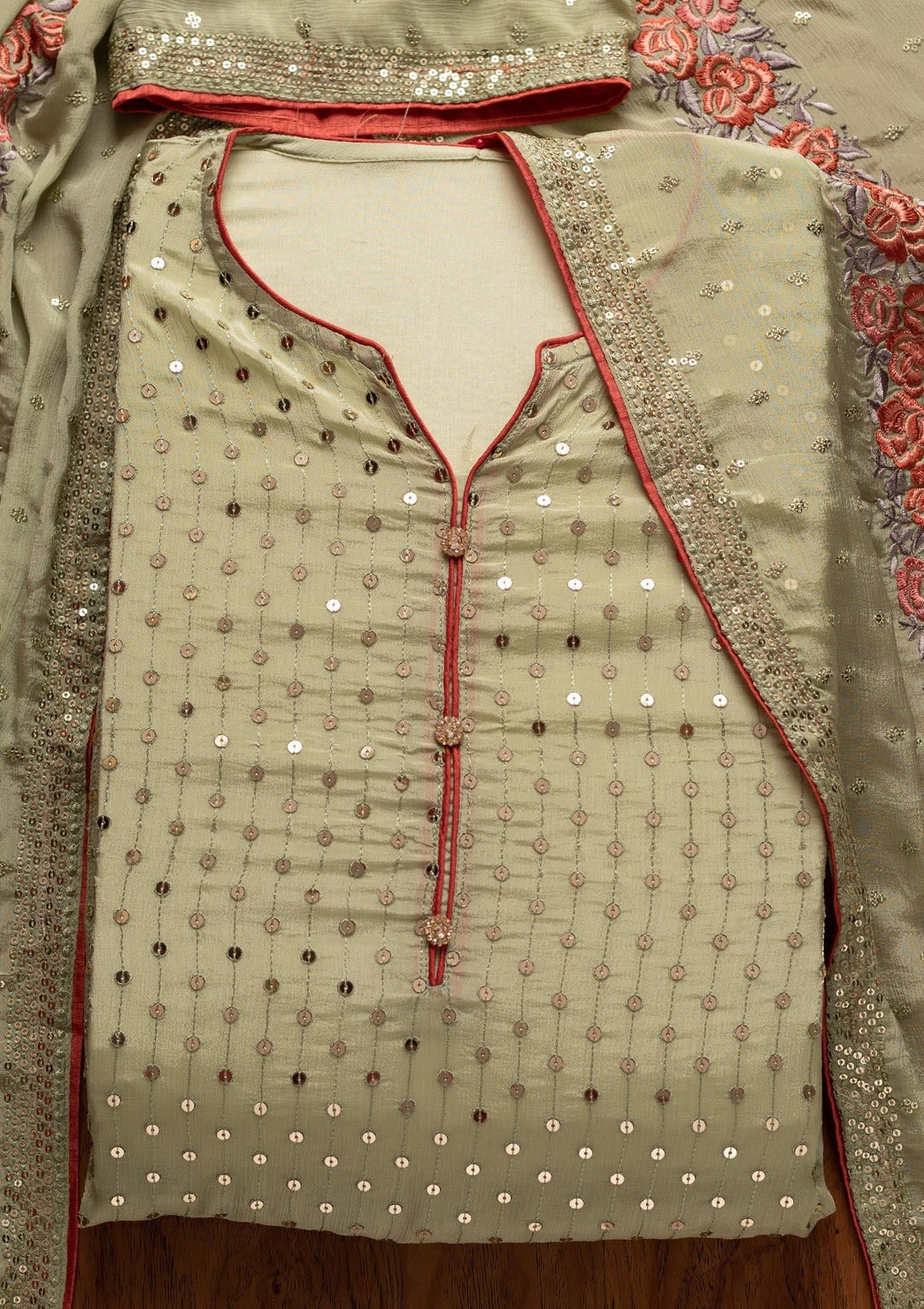 Pista Green Sequins Semi Crepe Designer Semi-Stitched Salwar Suit - koskii