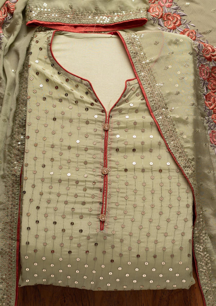 Pista Green Sequins Semi Crepe Designer Semi-Stitched Salwar Suit - koskii