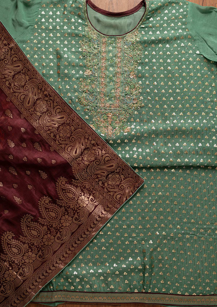 Pista Green Sequins Semi Crepe Designer Unstitched Salwar Suit - koskii