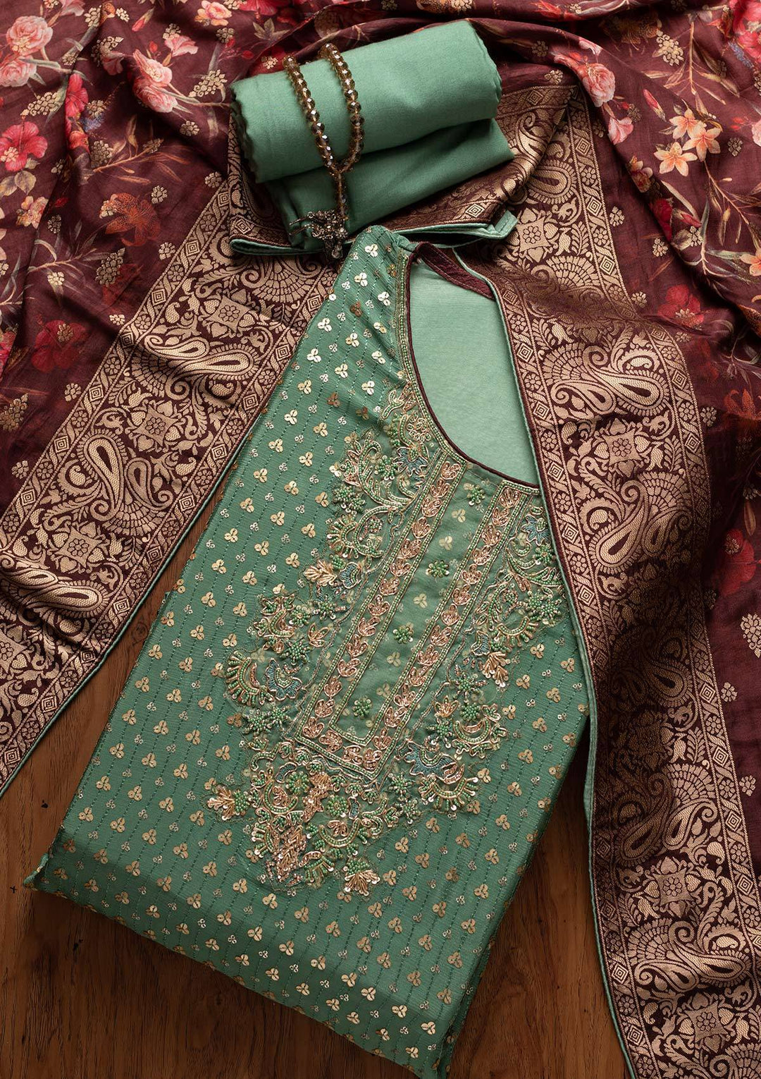 Pista Green Sequins Semi Crepe Designer Unstitched Salwar Suit - koskii