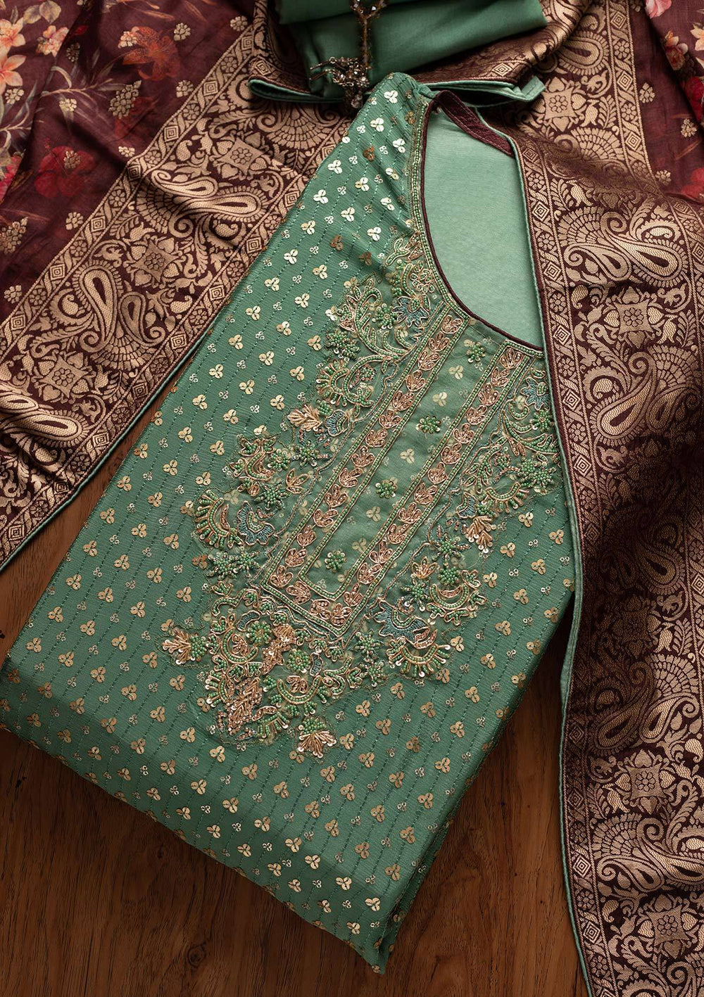 Pista Green Sequins Semi Crepe Designer Unstitched Salwar Suit - koskii