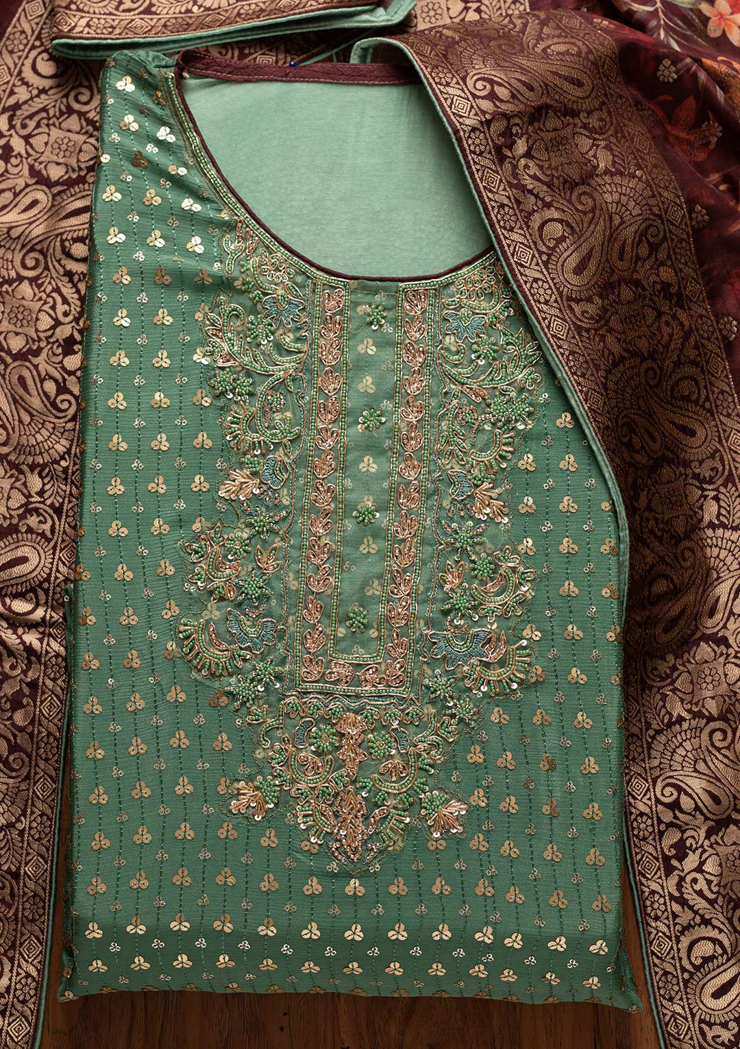 Pista Green Sequins Semi Crepe Designer Unstitched Salwar Suit - koskii