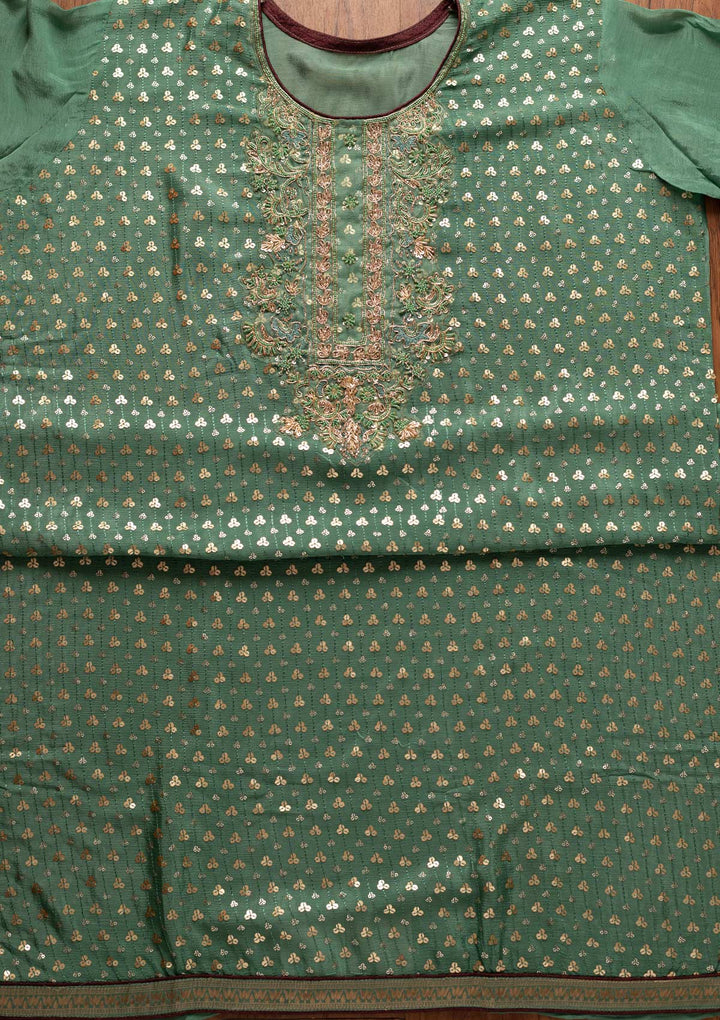 Pista Green Sequins Semi Crepe Designer Unstitched Salwar Suit - koskii