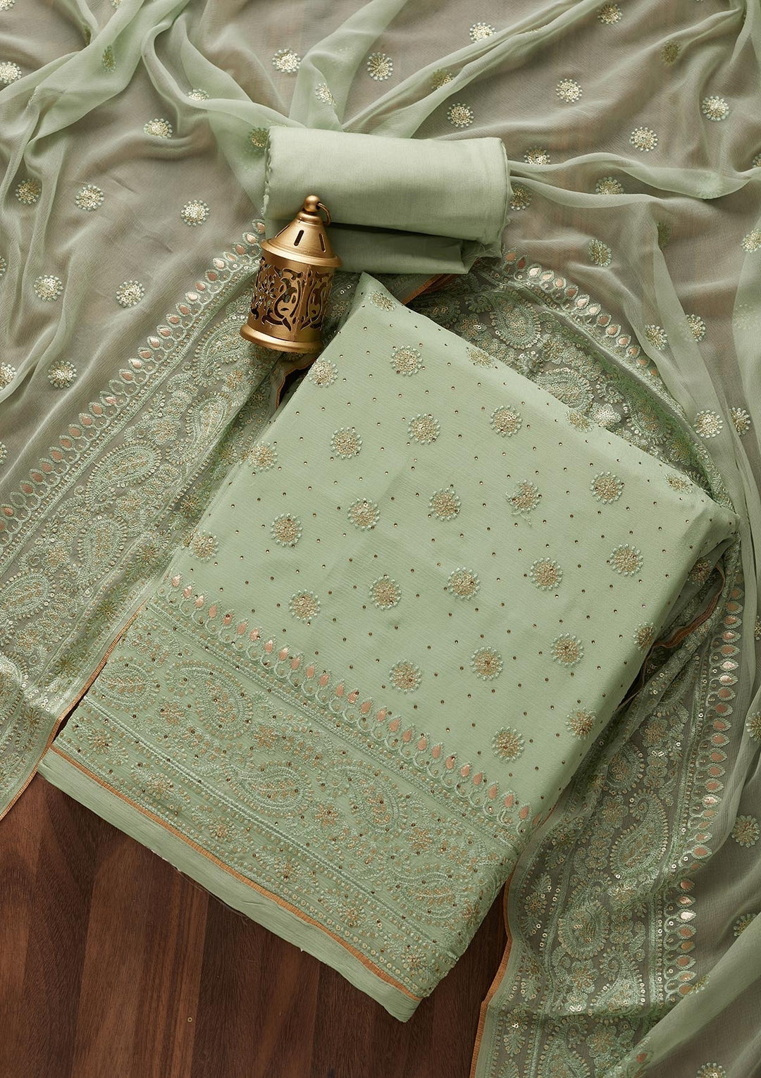 Pista Green Sequins Semi Crepe Designer Unstitched Salwar Suit - Koskii