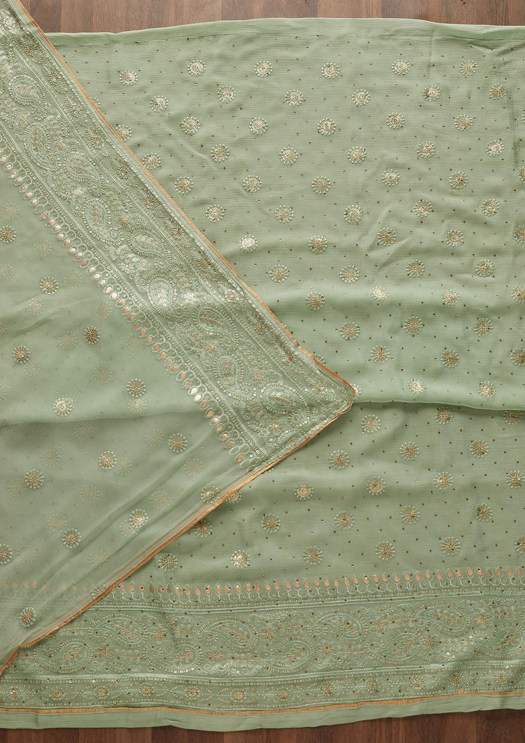 Pista Green Sequins Semi Crepe Designer Unstitched Salwar Suit - Koskii