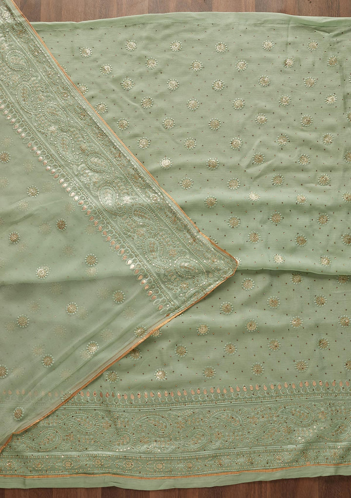 Pista Green Sequins Semi Crepe Designer Unstitched Salwar Suit - Koskii