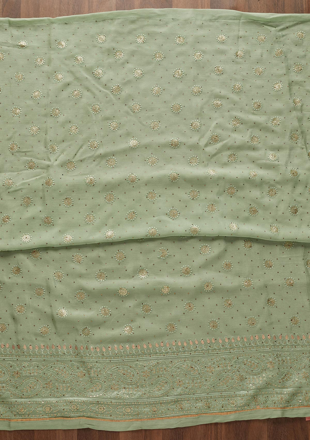 Pista Green Sequins Semi Crepe Designer Unstitched Salwar Suit - Koskii