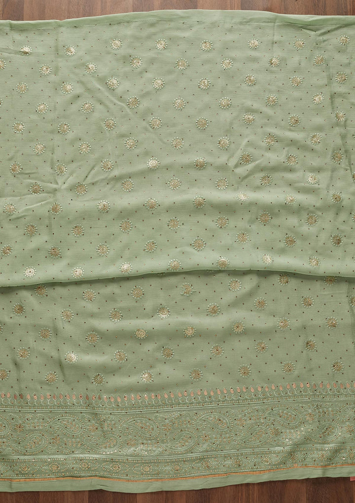 Pista Green Sequins Semi Crepe Designer Unstitched Salwar Suit - Koskii