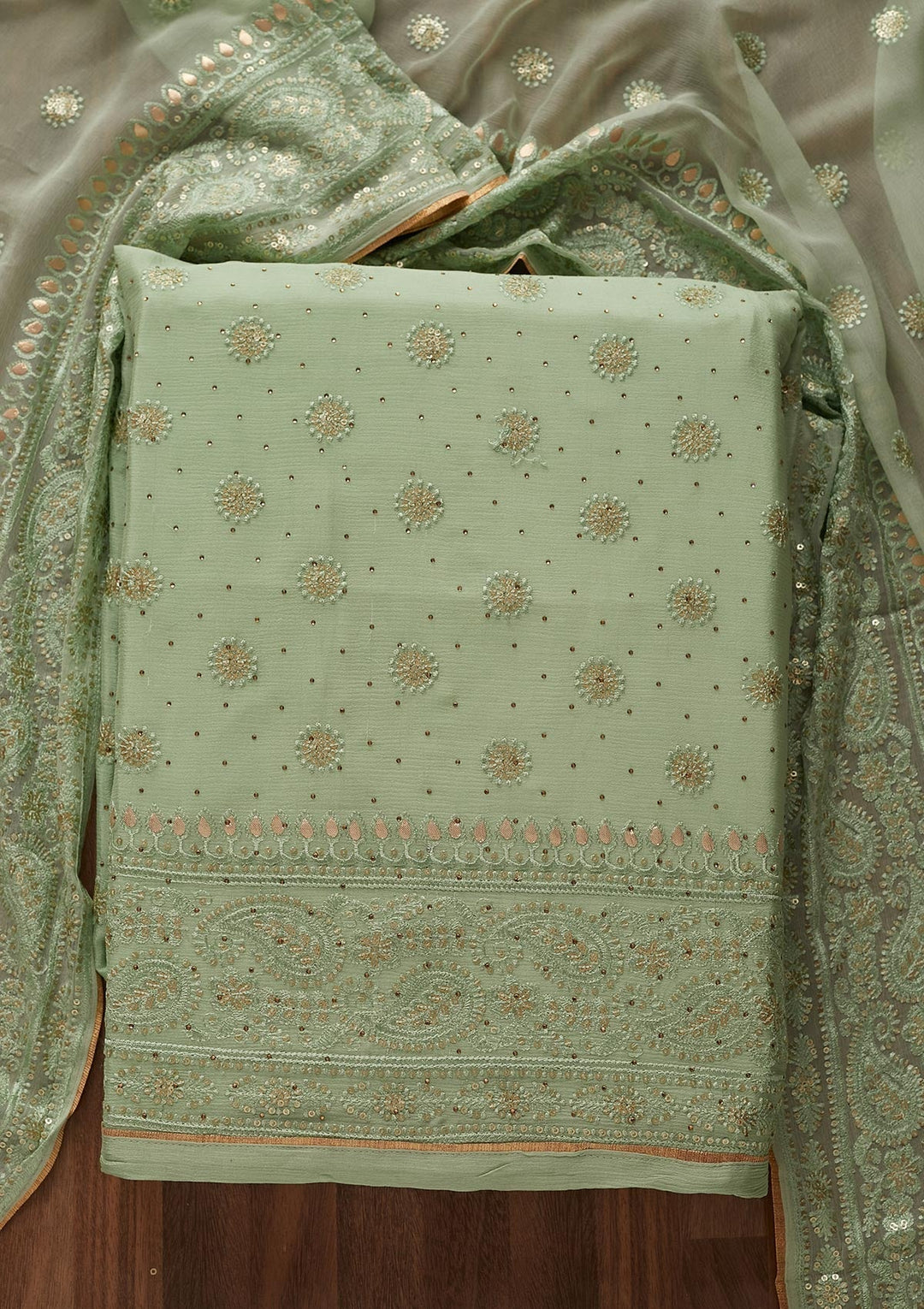 Pista Green Sequins Semi Crepe Designer Unstitched Salwar Suit - Koskii