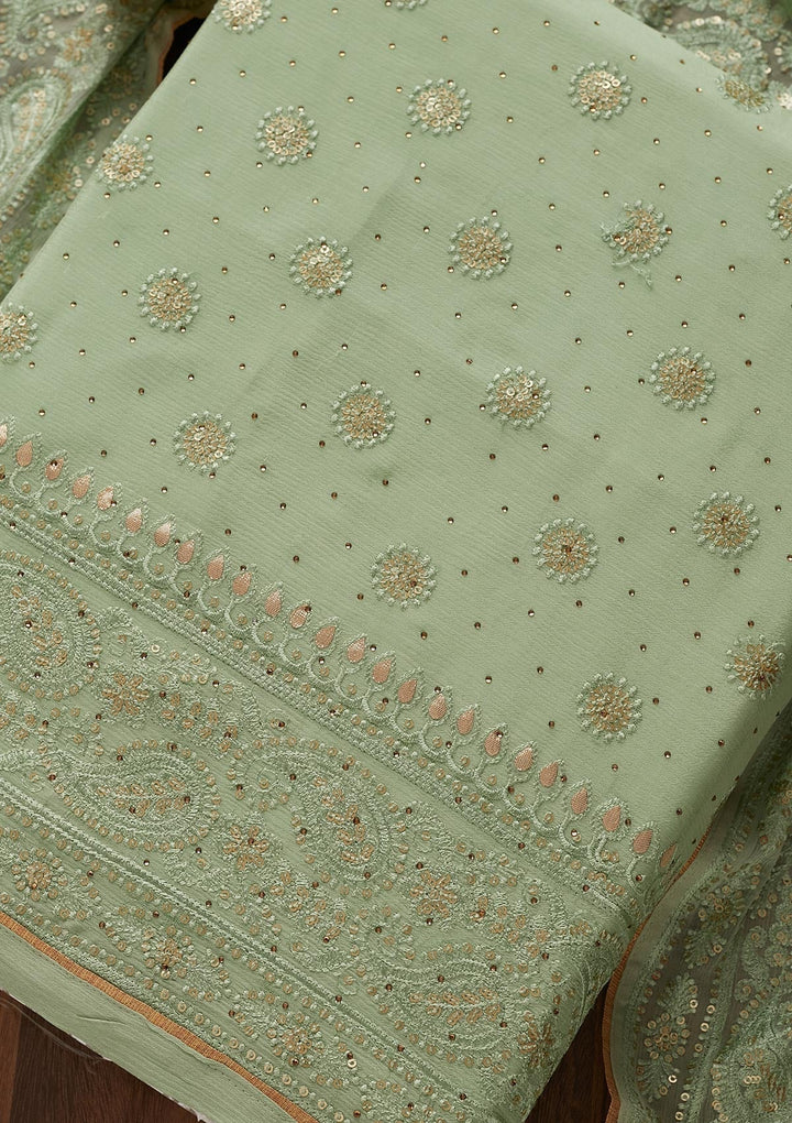 Pista Green Sequins Semi Crepe Designer Unstitched Salwar Suit - Koskii