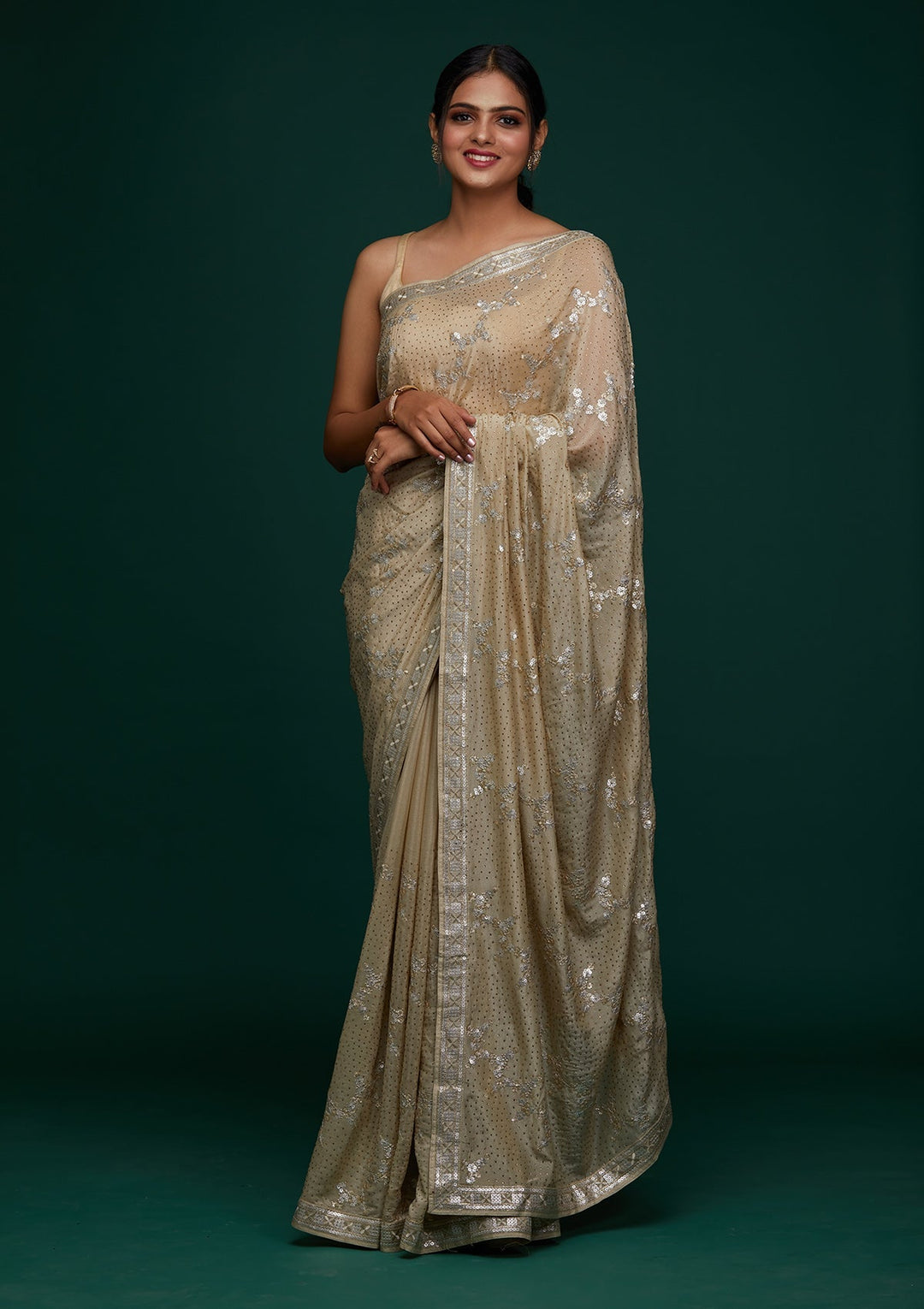 Pista Green Sequins Semi Crepe Designer Saree - Koskii