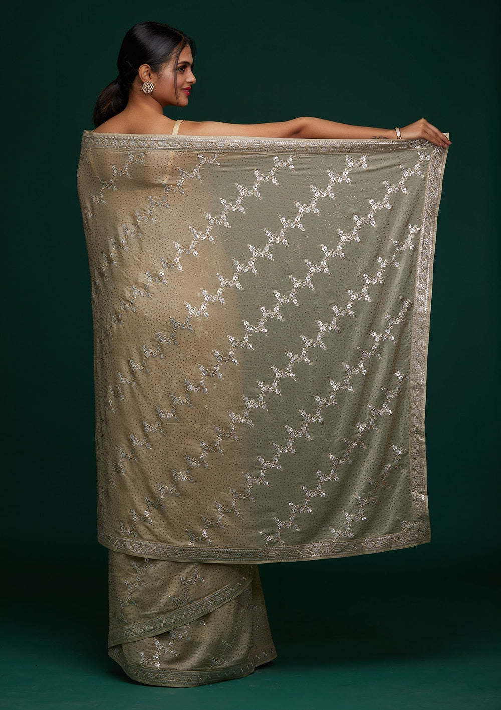Pista Green Sequins Semi Crepe Designer Saree - Koskii
