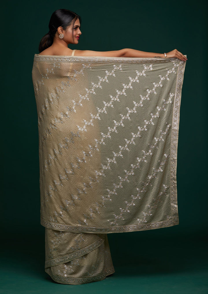 Pista Green Sequins Semi Crepe Designer Saree - Koskii