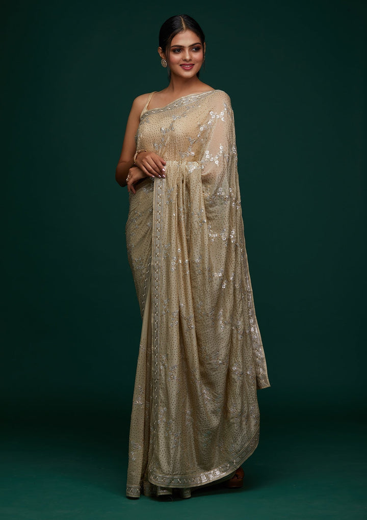 Pista Green Sequins Semi Crepe Designer Saree - Koskii