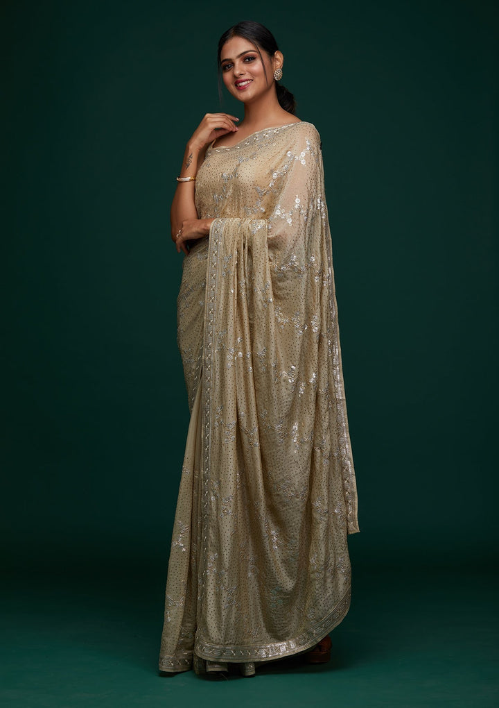 Pista Green Sequins Semi Crepe Designer Saree - Koskii