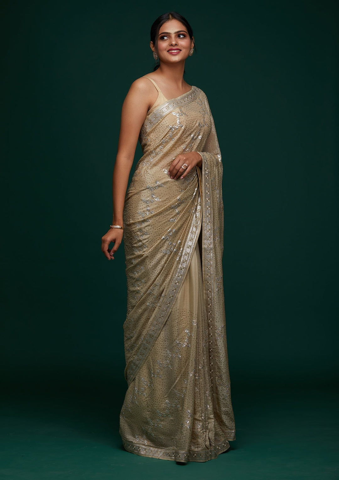 Pista Green Sequins Semi Crepe Designer Saree - Koskii