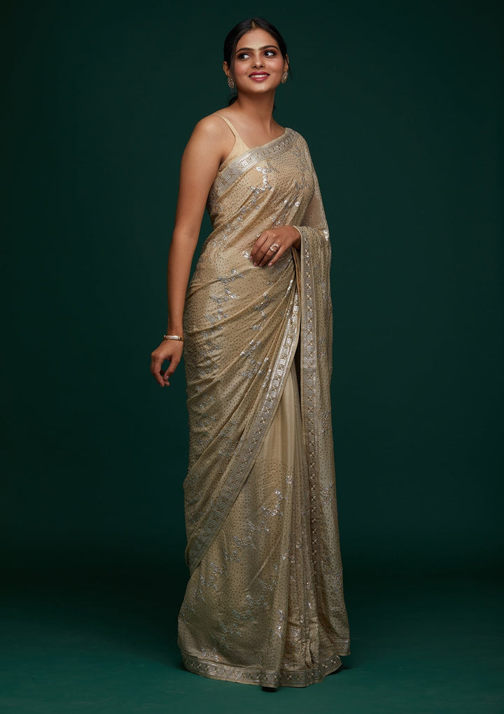 Pista Green Sequins Semi Crepe Designer Saree - Koskii