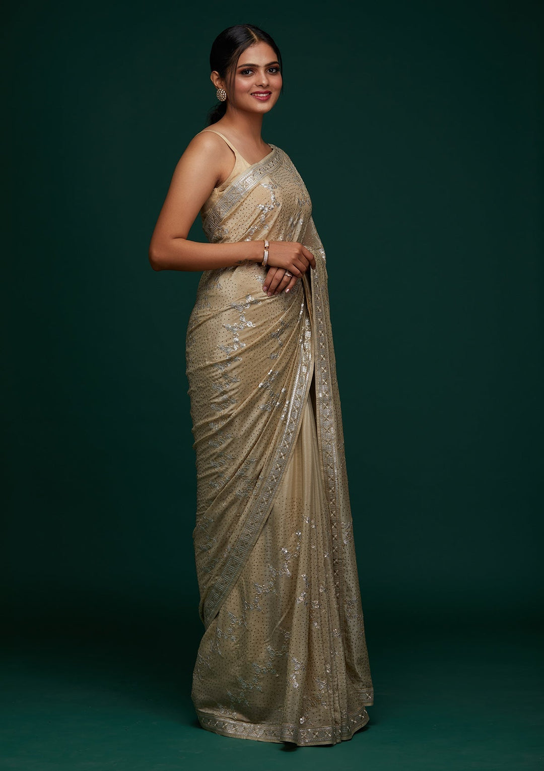 Pista Green Sequins Semi Crepe Designer Saree - Koskii