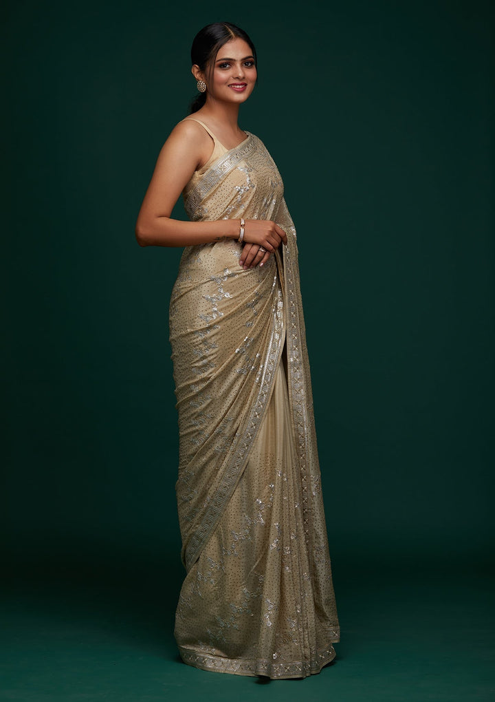 Pista Green Sequins Semi Crepe Designer Saree - Koskii