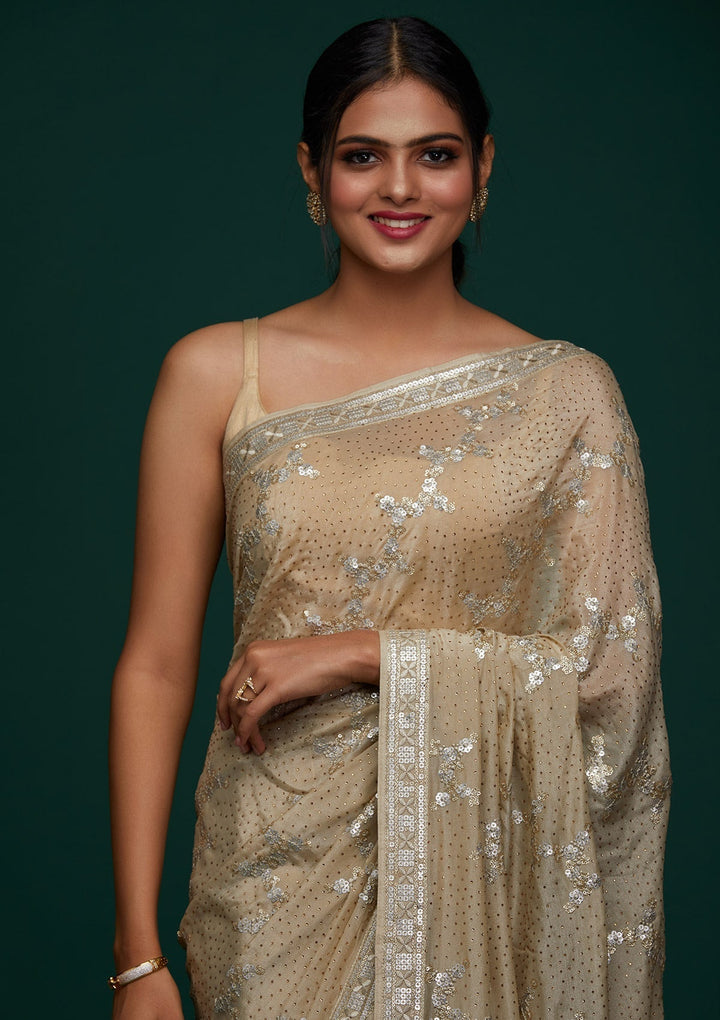 Pista Green Sequins Semi Crepe Designer Saree - Koskii